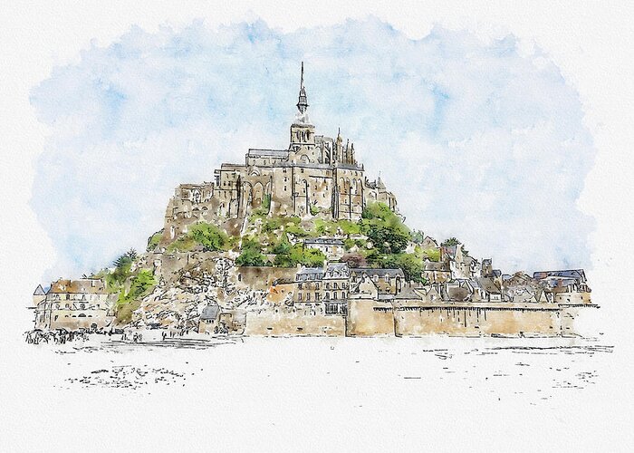 Mont-saint-michel Greeting Card featuring the digital art Mont-Saint-Michel #watercolor #sketch #mont-saint-michel #france by TintoDesigns