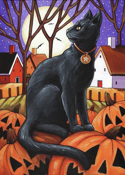 Moon Cat & Pumpkins Greeting Card featuring the painting Moon Cat & Pumpkins by Cathy Horvath-buchanan