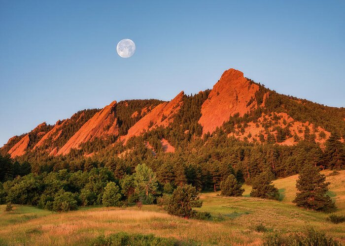 Boulder Greeting Card featuring the photograph Moonset over the Flatirons by Darren White