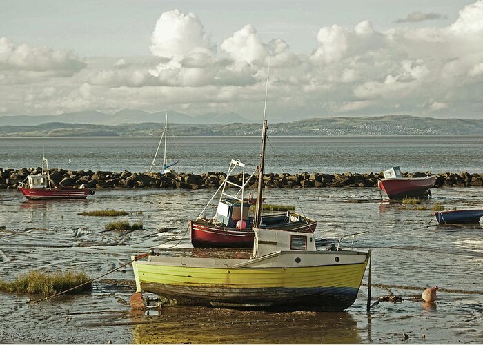 Morecambe Greeting Card featuring the photograph MORECAMBE. Boats On The Shore. by Lachlan Main
