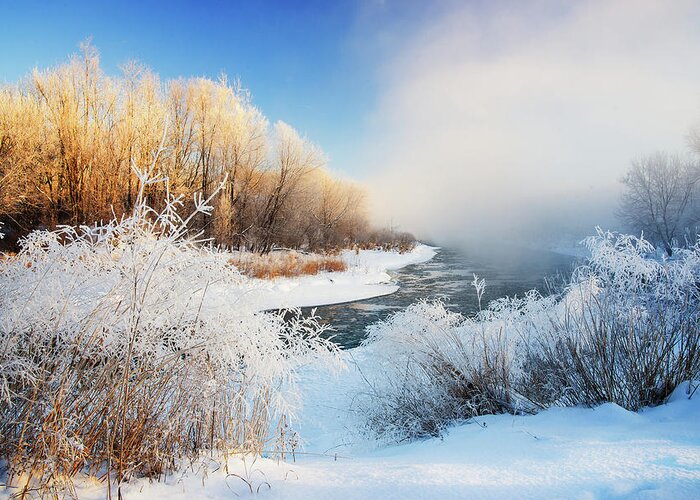 Yahara River Frigid Cold Snow Ice Blue Yellow Winter Frost Hoar Flowing Blue Sunrise Fog Mist Ominous Eery Greeting Card featuring the photograph Frozen Sunrise - Yahara River at Stebbinsville road dam near Stoughton by Peter Herman