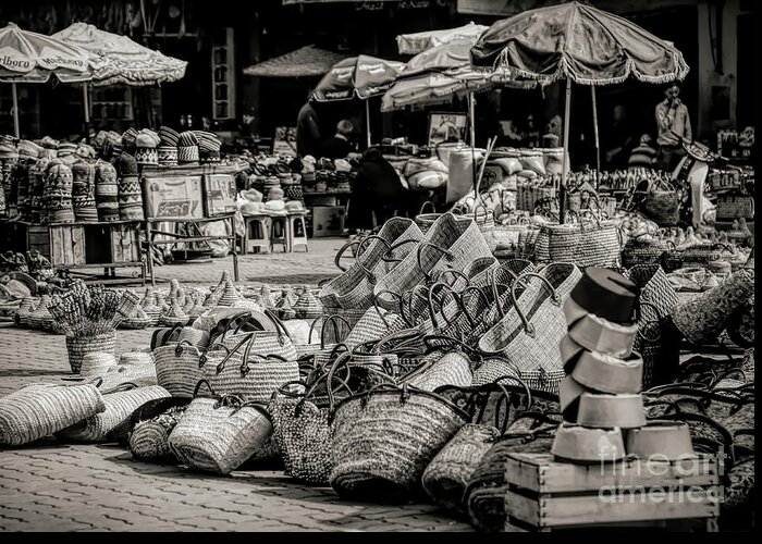 Morocco Greeting Card featuring the photograph Morocco Outdoor Market Sepia by Chuck Kuhn
