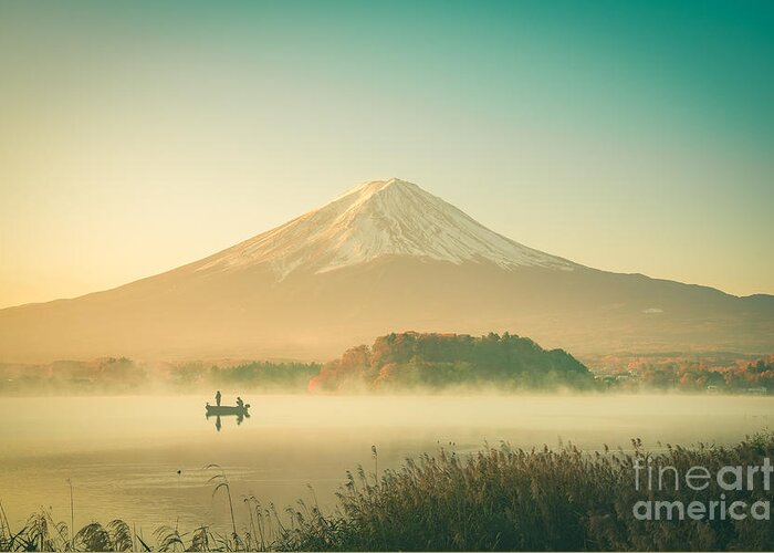 Beauty Greeting Card featuring the photograph Mount Fuji Landscape In Japan Vintage by Focusstocker