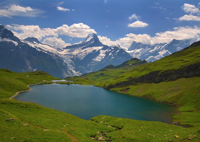 Scenics Greeting Card featuring the photograph Mountain Lake And Swiss Alps In by Laura Ciapponi