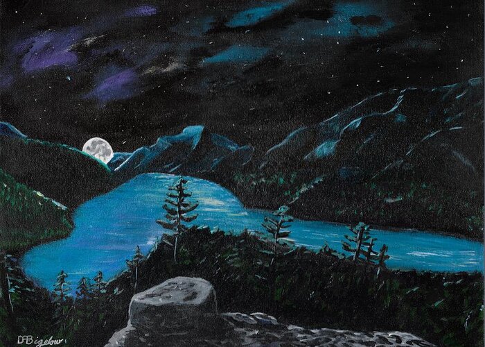 Mountain Greeting Card featuring the painting Mountain Lake Night by David Bigelow