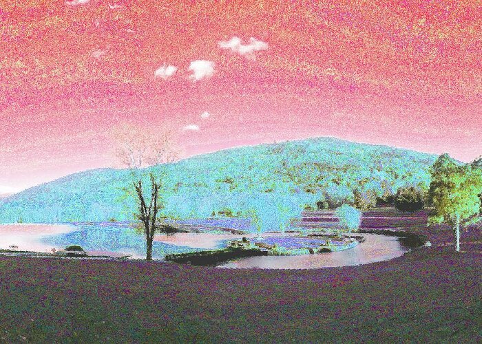 Landscape Greeting Card featuring the digital art Mountain Retreat-Pink Sky by Jacqueline Hamilton