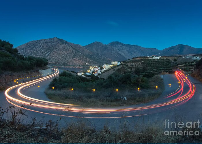 City Greeting Card featuring the photograph Mountains And Curve Road With Lighting by Zakhar Mar