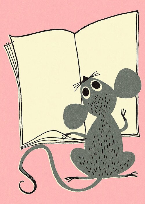 Animal Greeting Card featuring the drawing Mouse Reading a Book by CSA Images