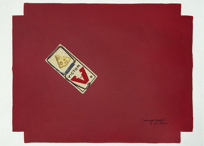 A Mouse Trap With Chees Sitting On A Red Mat Greeting Card featuring the painting Mouse Traps by Jan Panico