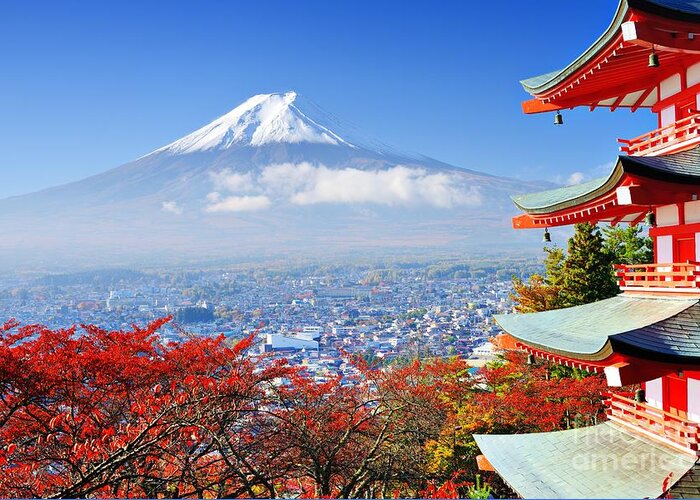 Mt. Fuji Greeting Card featuring the photograph Mt Fuji With Fall Colors In Japan by Sean Pavone