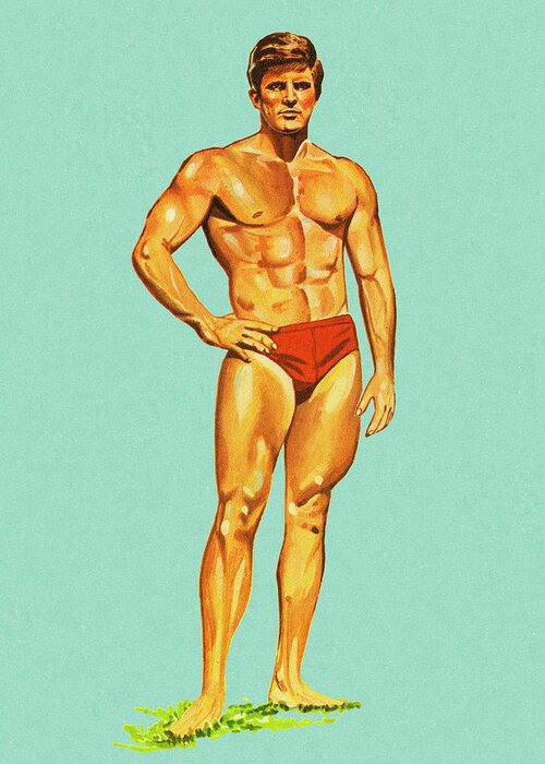 Adult Greeting Card featuring the drawing Muscle Man in Swim Trunks by CSA Images