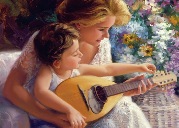 Mother And Son Greeting Card featuring the painting Music Lessons with Mom by Laurie Snow Hein