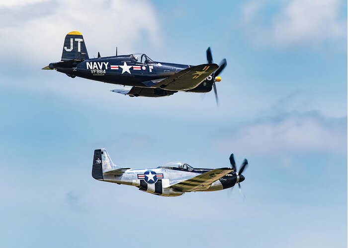 P51 Mustang Greeting Card featuring the photograph Mustang and Corsair by Art Cole