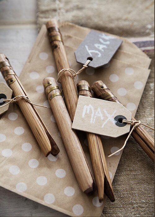 Name Tags On Bamboo Pegs Greeting Card by Louise Lister