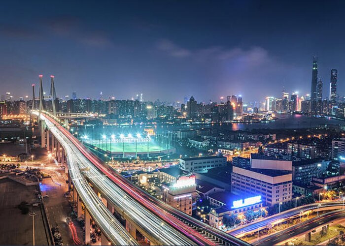 Panoramic Greeting Card featuring the photograph Nanpu Bridge And Shanghai Skyline by Hugociss