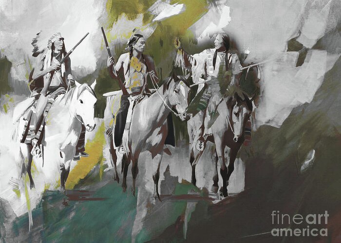 Native American Indian Greeting Card featuring the painting Native American on Horses 012 by Gull G