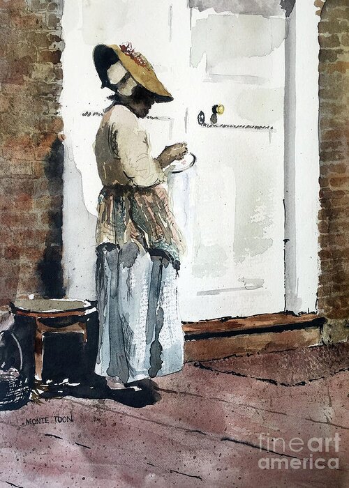 A Lady Stands In The Morning Sunlight Outside A Building At Williamsburg. Greeting Card featuring the painting Needle Point by Monte Toon