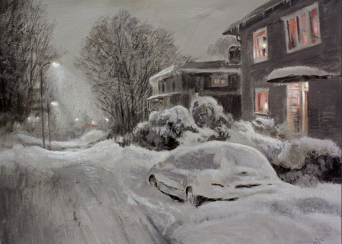 Hans Saele Greeting Card featuring the painting Neighbourhood in Winter by Hans Egil Saele