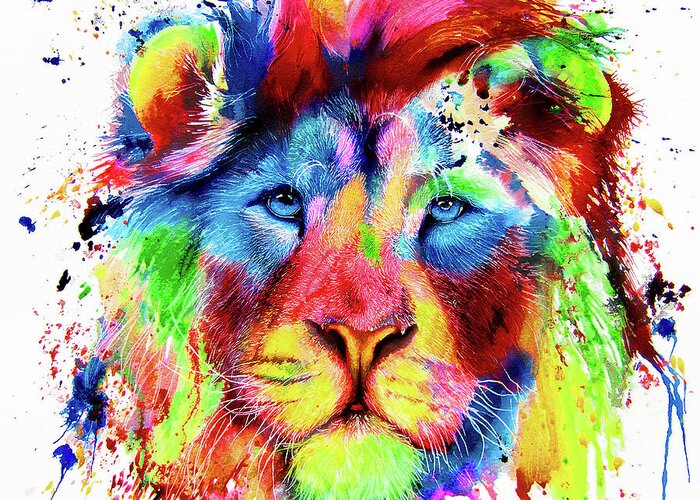 Lion Greeting Card featuring the painting Neon Lion - colourful ink spatter painting by Peter Williams