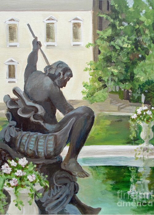 Neptune Fountain Greeting Card featuring the painting Neptune Fountain by Mafalda Cento