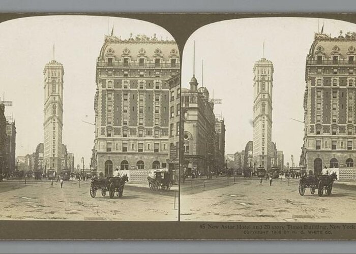 Nature Greeting Card featuring the painting New Astor Hotel and 20 story Times Building, New York, U.S.A., H.C. White and Co., 1906 by MotionAge Designs