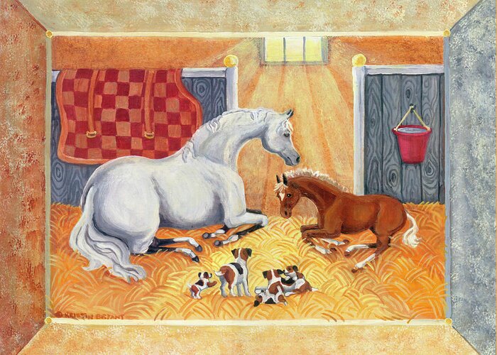 Horse Colt Dogs Stable Greeting Card featuring the painting New Dawn by Kristin Bryant