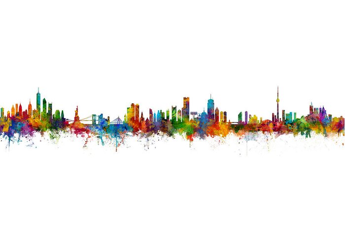 Toronto Greeting Card featuring the digital art New York, Boston, Toronto Skylines Mashup by Michael Tompsett