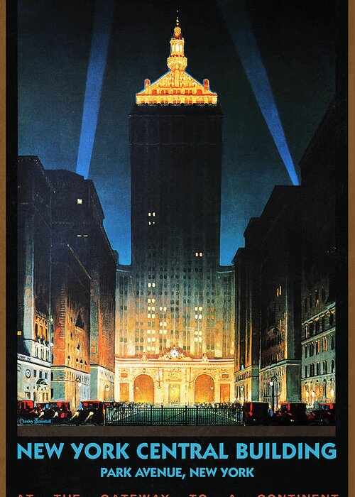 New York Central Building Greeting Card featuring the painting New York Central Building at night - Vintage Illustrated Poster by Studio Grafiikka