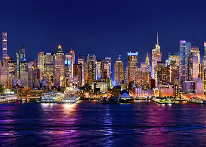 New York City Skyline At Night Greeting Card featuring the photograph New York City NYC Midtown Manhattan at Night by Jon Holiday