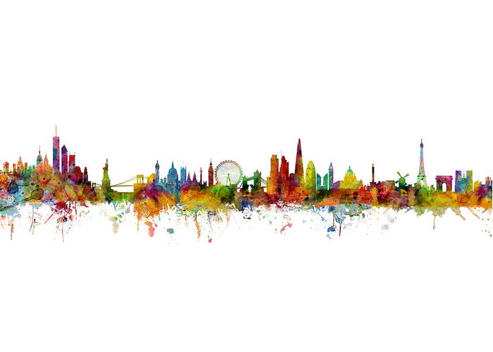 Paris Greeting Card featuring the digital art New York, London, Paris Skyline Mashup by Michael Tompsett