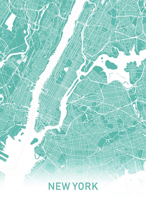 New York Greeting Card featuring the digital art New York map teal by Delphimages Map Creations