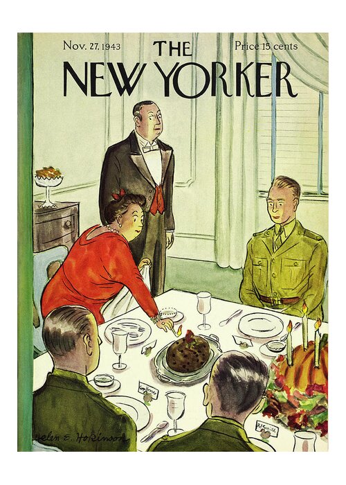 Food Greeting Card featuring the painting New Yorker November 27, 1943 by Helene E Hokinson