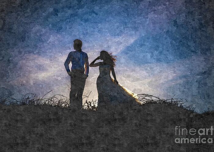 Adult Greeting Card featuring the photograph Newlywed couple after their wedding at sunset, digital art oil p by Joaquin Corbalan