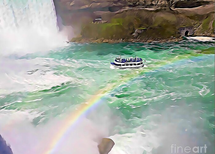 Niagara Falls Greeting Card featuring the mixed media Niagara Falls Rainbow and Boat Tour by Tracy Ruckman