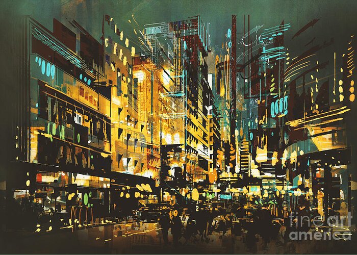 Color Greeting Card featuring the digital art Night Scene Cityscapeabstract Art by Tithi Luadthong