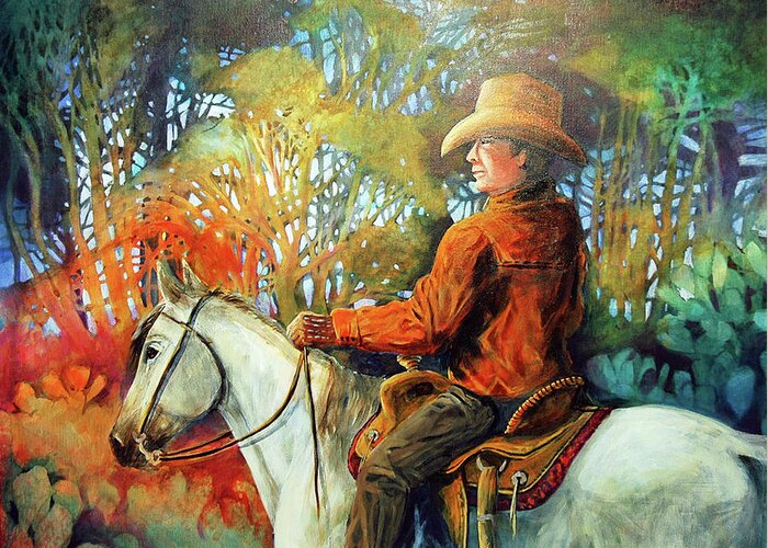 Cowboy Greeting Card featuring the painting Night When the Shadows Speak by Cynthia Westbrook