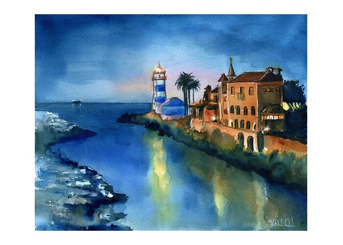 Portugal Greeting Card featuring the painting Nightfall in Cascais Portugal by Dora Hathazi Mendes