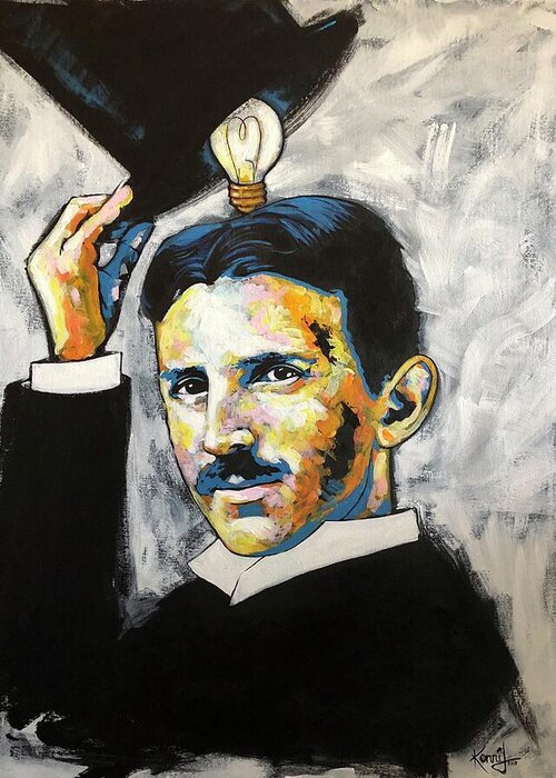 Nikola Tesla Greeting Card featuring the painting Nikola Tesla by Konni Jensen