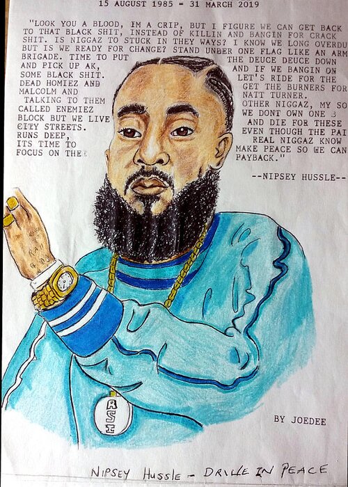 Black Art Greeting Card featuring the drawing Nipsey Hussle's Drive for Peace by Joedee