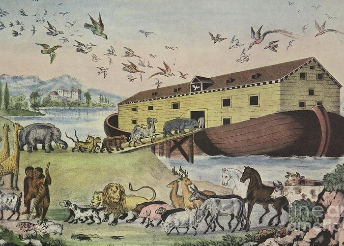 Currier And Ives Greeting Card featuring the painting Noahs Ark, And They Went In Unto Noah Into The Ark, Two And Two Of All Flesh by Currier And Ives