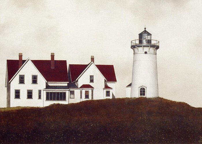 A House And Lighthouse At Its Right Greeting Card featuring the painting Nobska Light by David Knowlton