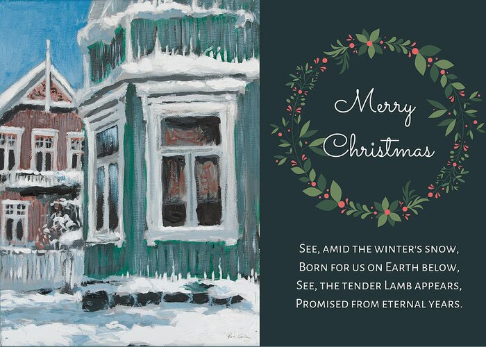 Christmas Card Greeting Card featuring the painting Nordic Town Houses - Green House Christmas card version by Hans Egil Saele