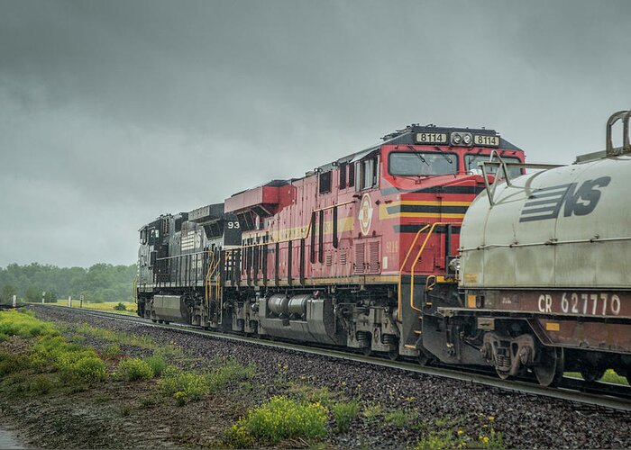 Railroad Greeting Card featuring the photograph Norfolk Southern Heritage Unit 8114 trails behind NS 9318, on 60A, as it heads toward Huntingburg IN by Jim Pearson