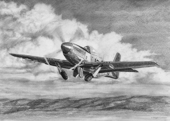 Aviation Greeting Card featuring the drawing North American P-51 Mustang Takeoff by Douglas Castleman