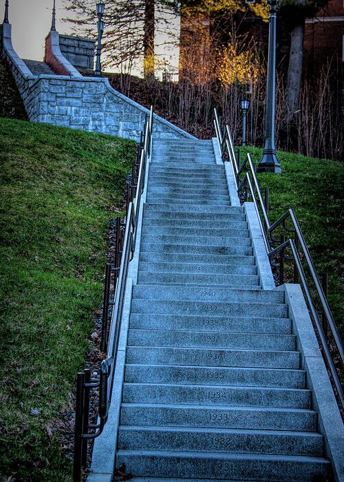 Centennial Stairs Greeting Card featuring the photograph Norwich University Centennial stairs with Dates by Jeff Folger