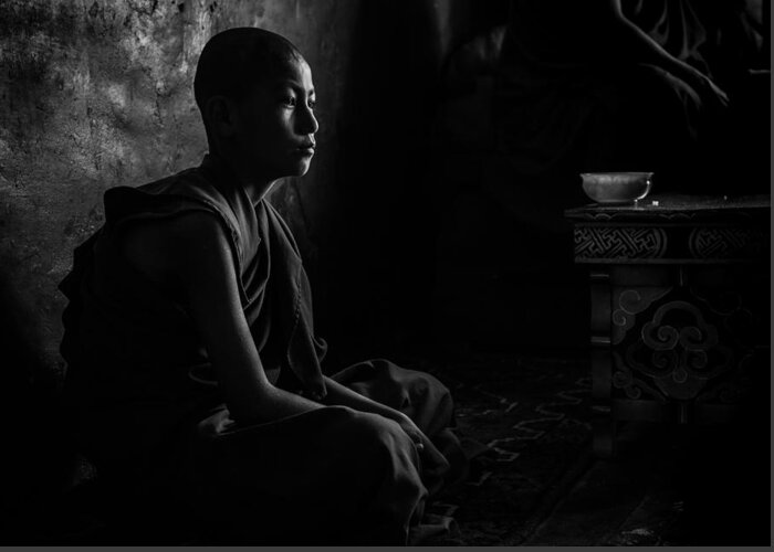 Monk Greeting Card featuring the photograph Novice In The Dark by Marco Tagliarino