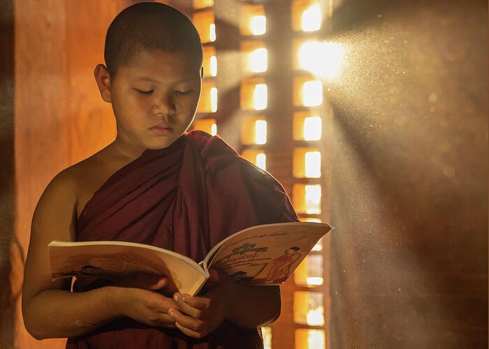 Boy Greeting Card featuring the photograph Novice Monk Reading by Ann Moore