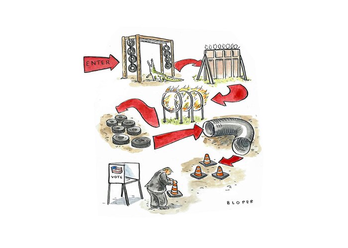 Captionless Greeting Card featuring the drawing Obstacle Course to the Voting Booth by Brendan Loper