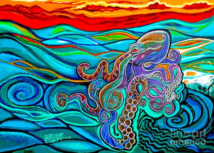 Animal Greeting Card featuring the painting Octopus At Sunset by Genevieve Esson
