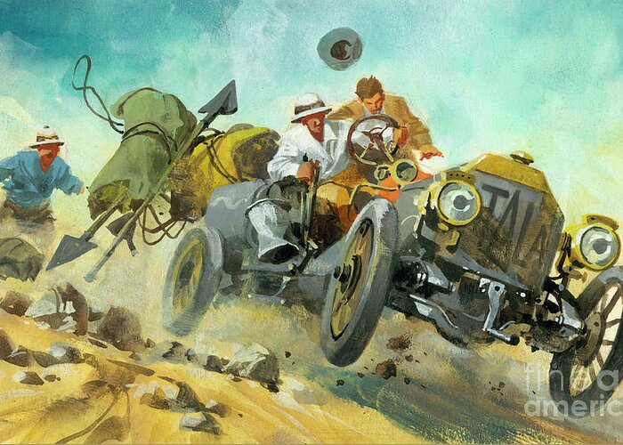 Blue Greeting Card featuring the painting Off roading during a Ten thousand mile motor race by Ferdinando Tacconi